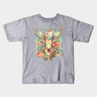 Floral Majesty: Illustrated Elk Head Art Kids T-Shirt